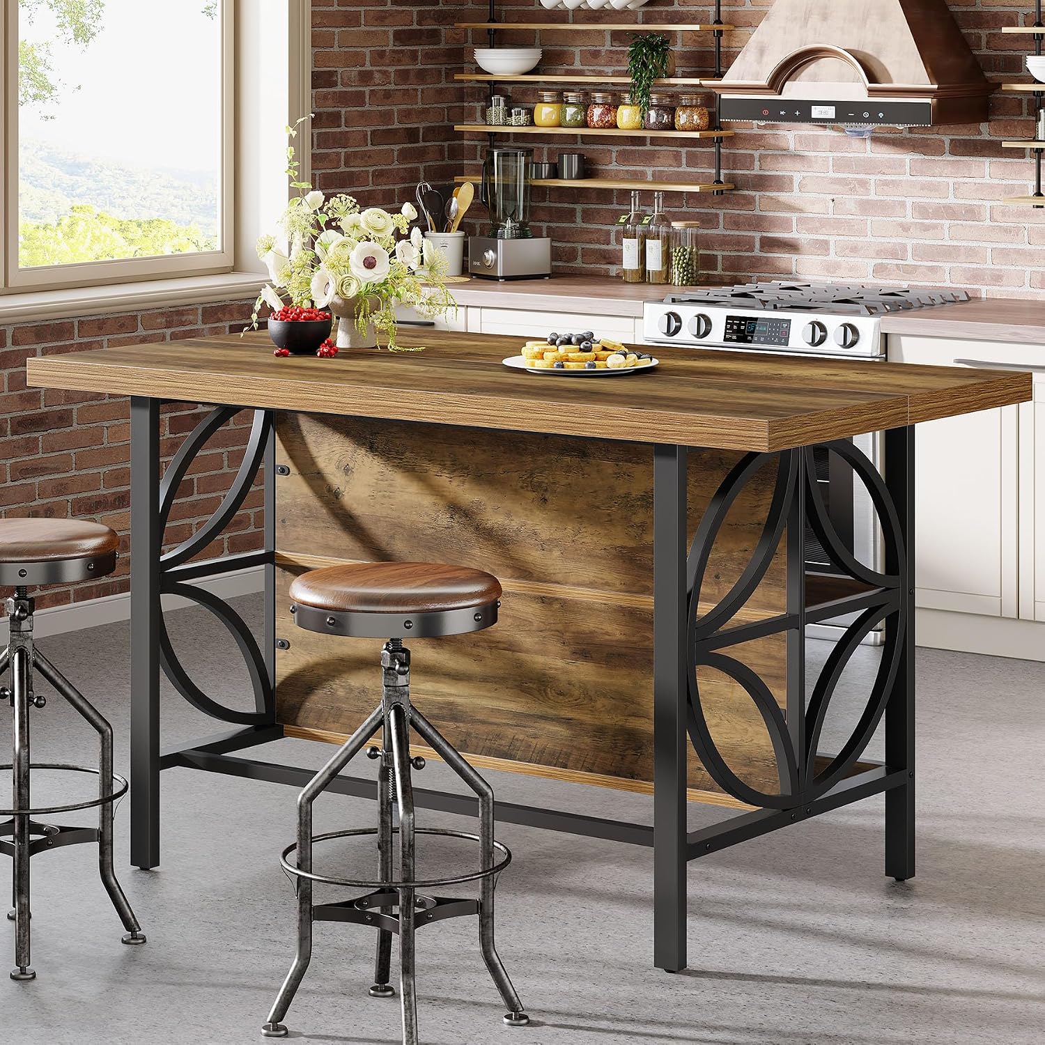 Tribesigns 62.99-Inch Kitchen Island with Storage, Kitchen Island Table with 2 Shelves and Large Worktop, Industrial Bar Table, Easy to Assemble, Rustic Brown (Stools Not Included)
