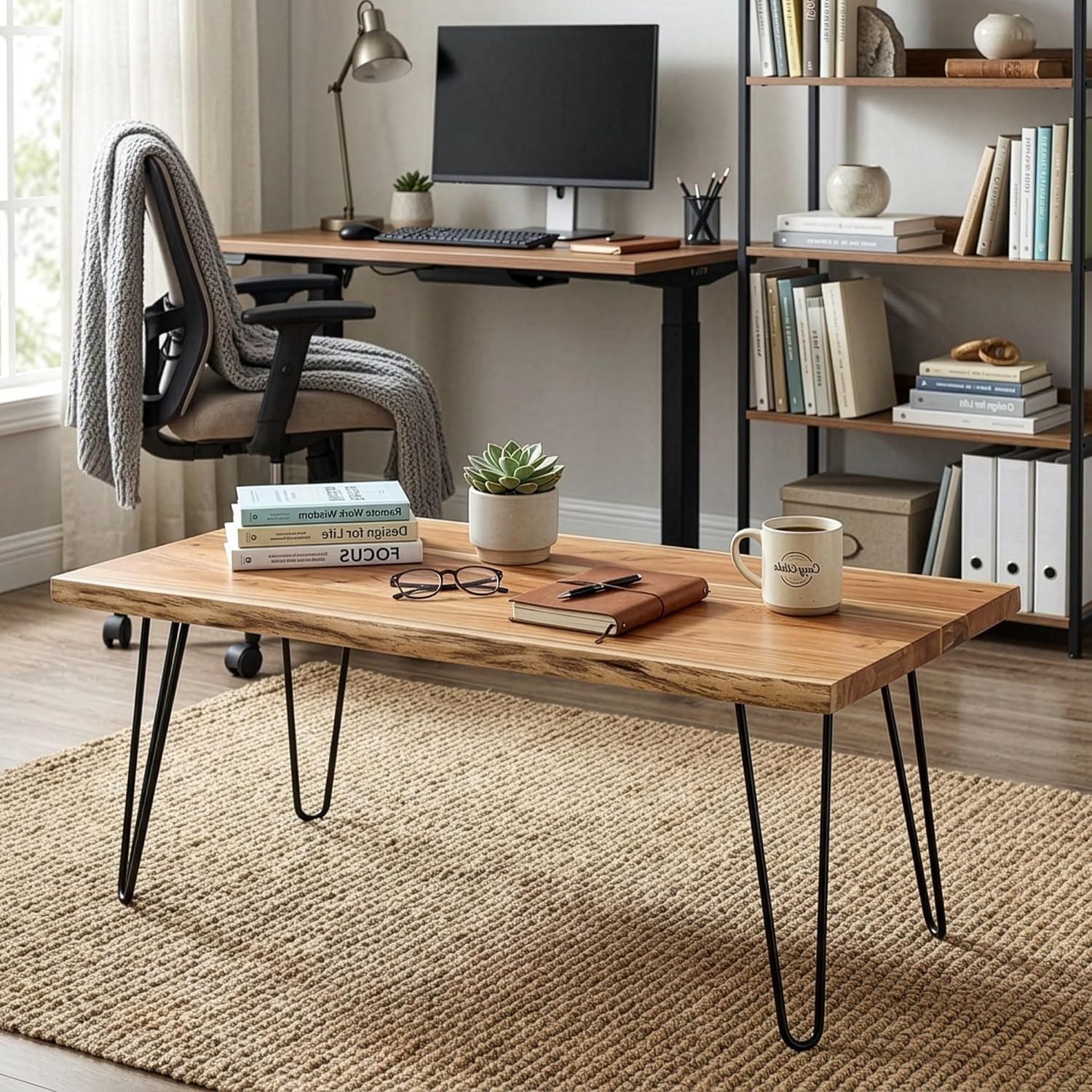 Alaterre Furniture Live Edge Wood Coffee Table with Hairpin Metal Legs – Rustic Modern Farmhouse Living Room Table with Acacia Wood Top (42 Inch)