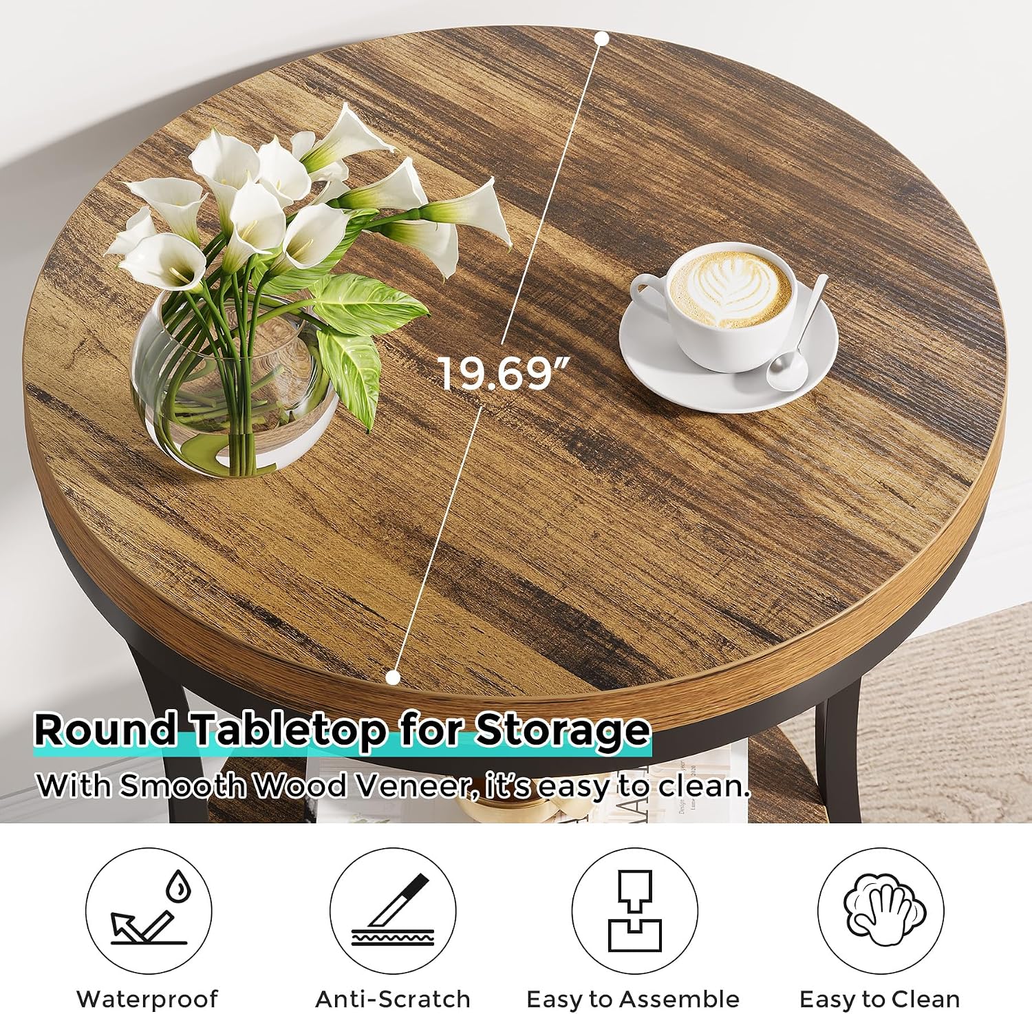 Round End Table Set of 2, 2 Tier Industrial Side Table, Accent Bedside Table Nightstand with Metal Frame for Living Room, Bedroom, Small Spaces, Easy Assembly, Rustic Brown & Black