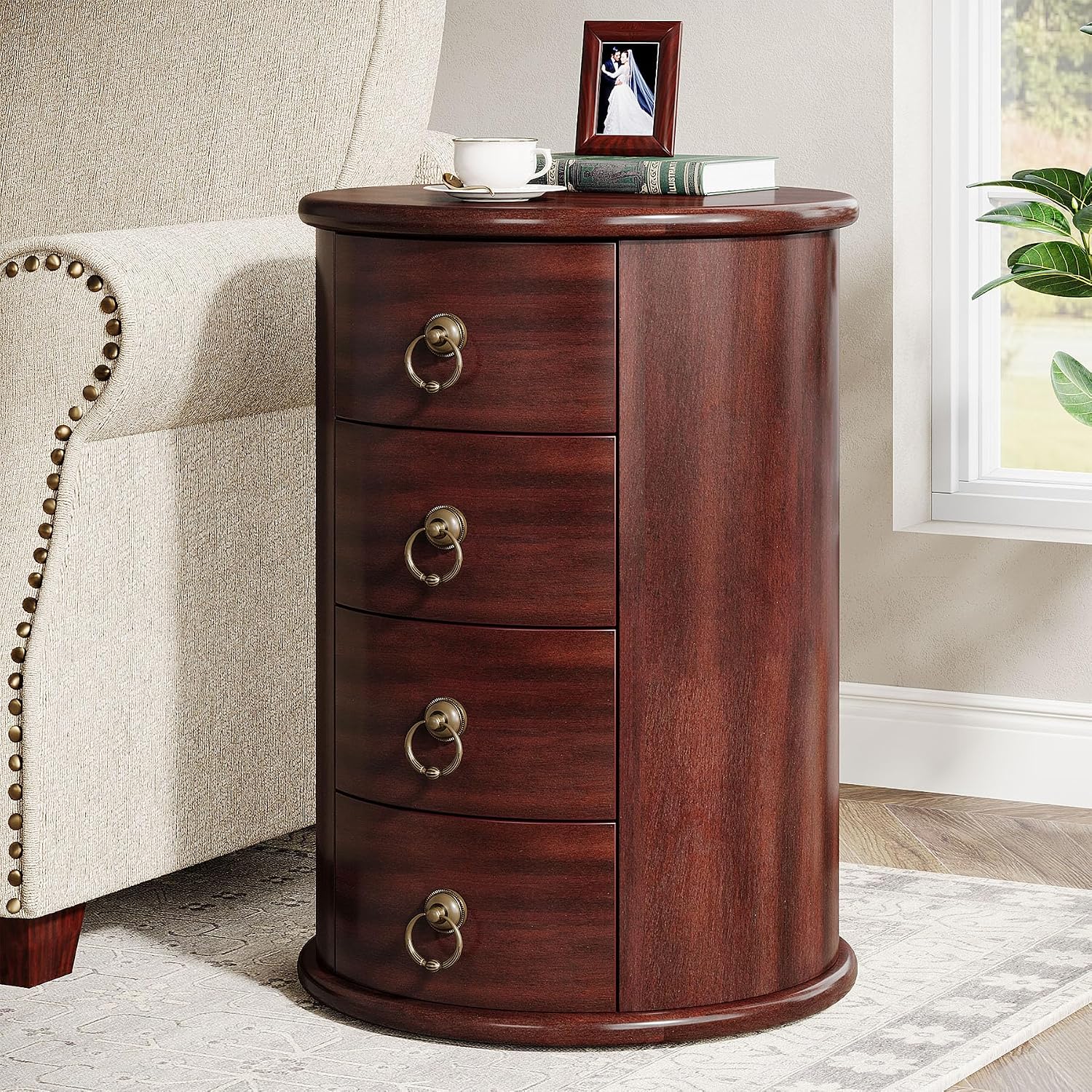 Tribesigns Solid Wood End Table, Round Side Table with 4 Drawers, Vintage Bedside Table Nightstand for Small Spaces, Living Room, Bedroom, No Assembly Required (1, Cherry Brown)