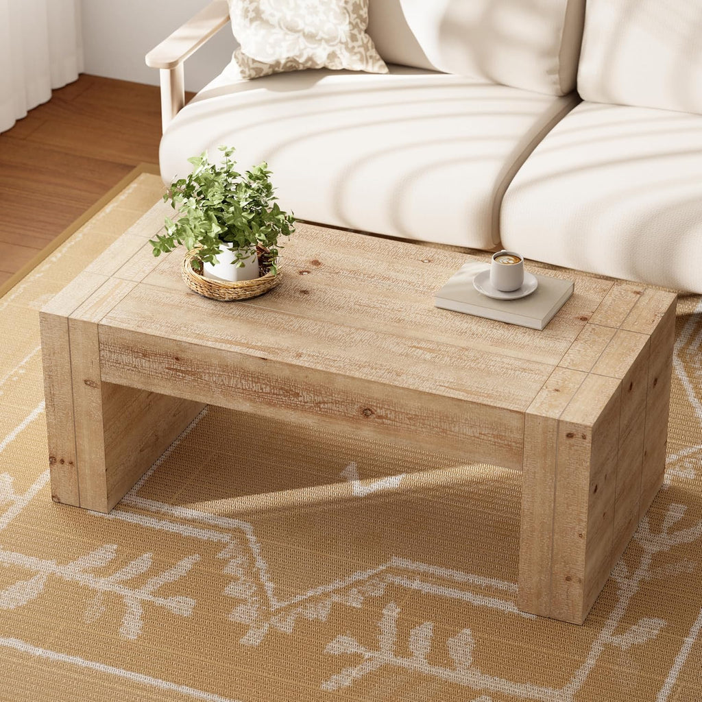 COZAYH Modern Rustic Wood Coffee Table with Thick Legs, Rectangular Living Room Center Table, Natural Finish Design, Sturdy Farmhouse Style for Home Decor, Office, Brown