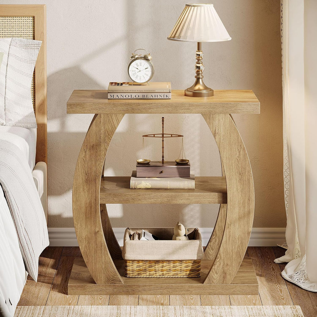 Tribesigns End Table for Living Room Set of 2, 3-Tier Narrow Side Table with Storage, Farmhouse Wooden Beside Table with Geometric Frame, Tall Nightstand for Bedroom, Small Spaces, Natural Oak