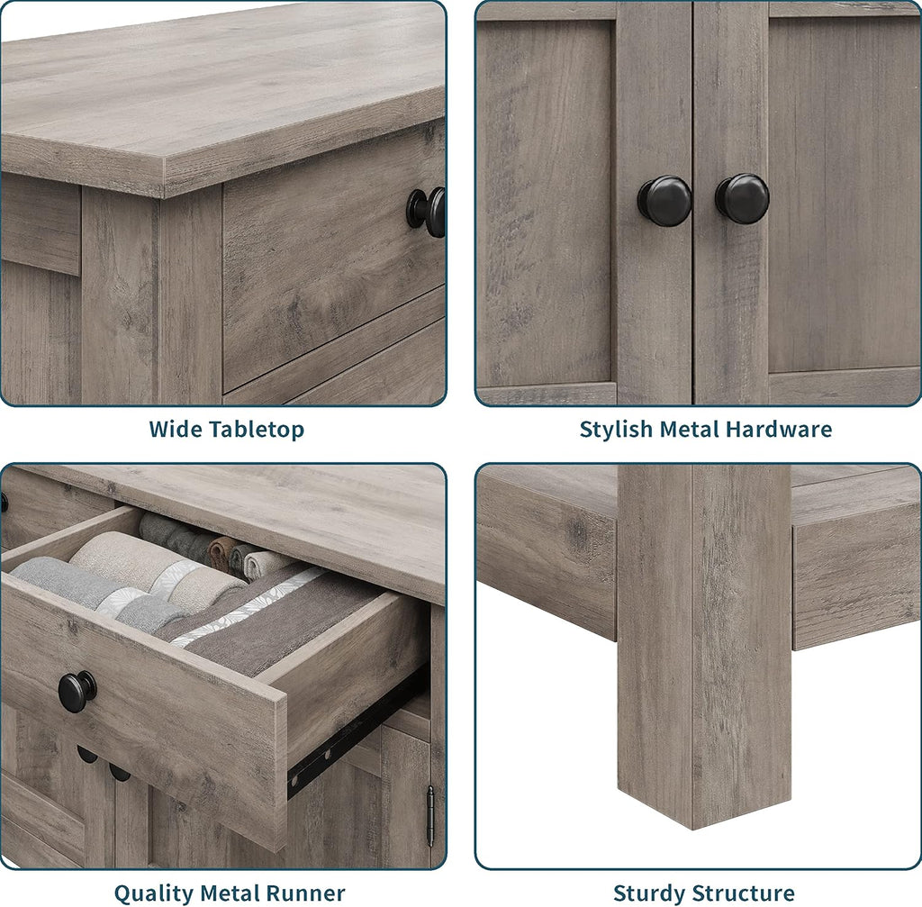 HOSTACK Farmhouse Console Table with 2-Door Cabinet & 2 Drawers, Coffee Bar, Entryway Table with Storage Shelf, Sofa Tables Buffet Sideboard for Kitchen, Hallway, Dining, Living Room, Ash Gray
