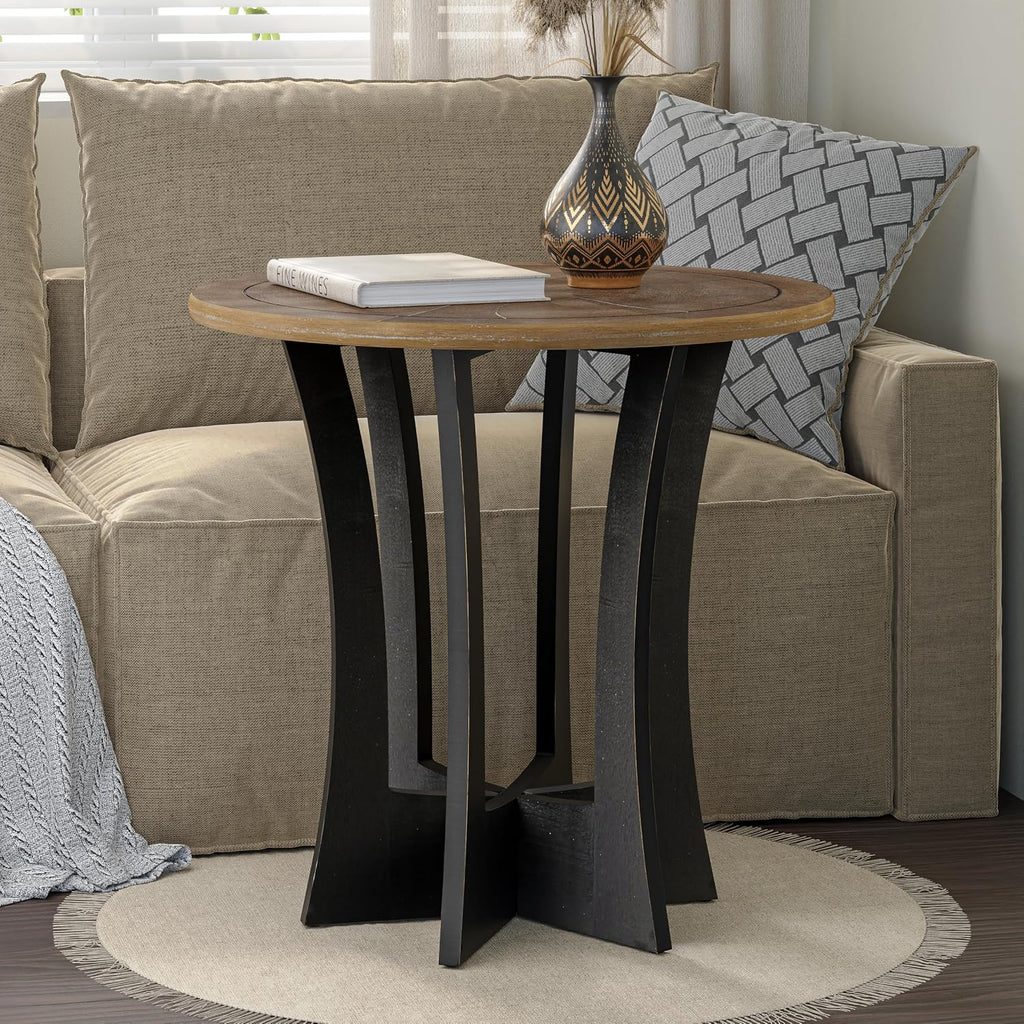 COZAYH Farmhouse Round End Table X 2P with Criss-Cross Wood Legs, Rustic French Country Side Table for Dinning or Living Room, Modern, Black, Natural Wood Color