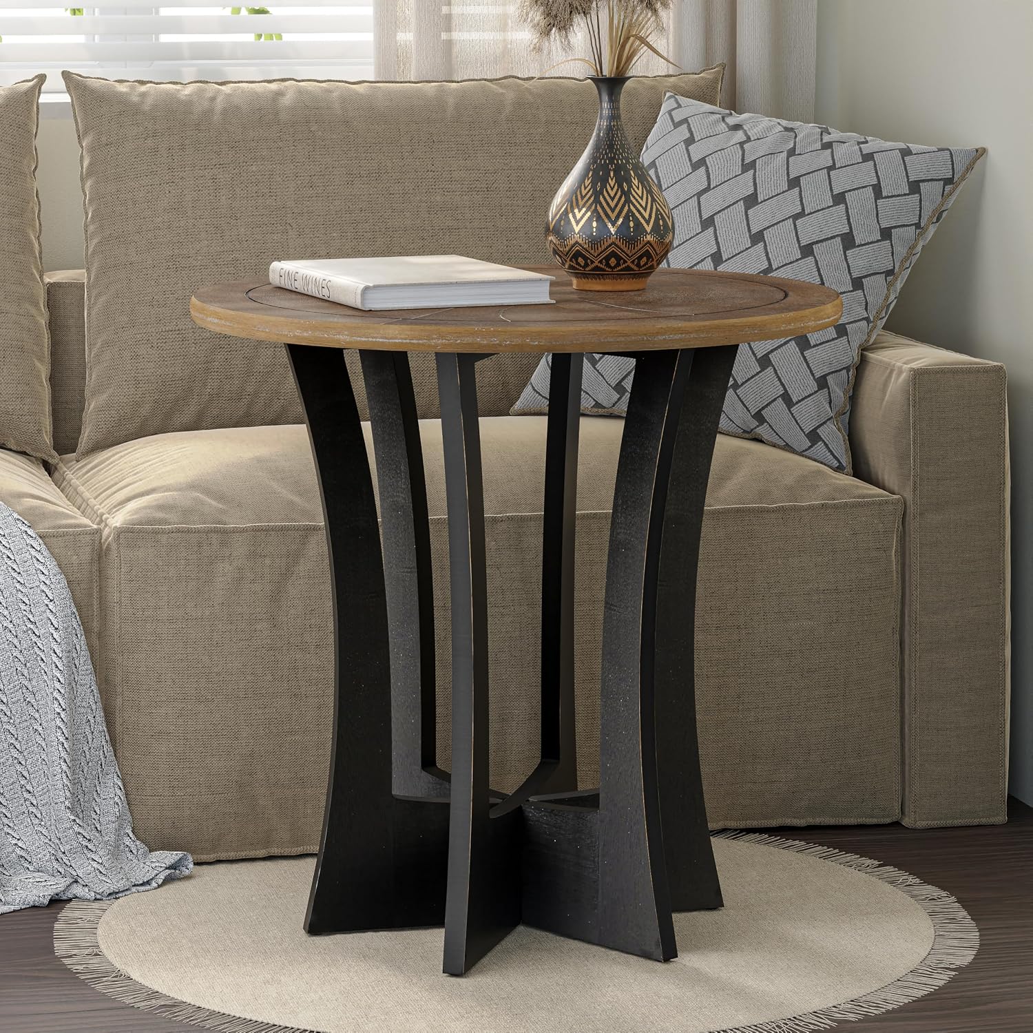 COZAYH Farmhouse Round End Table X 2P with Criss-Cross Wood Legs, Rustic French Country Side Table for Dinning or Living Room, Modern, Black, Natural Wood Color