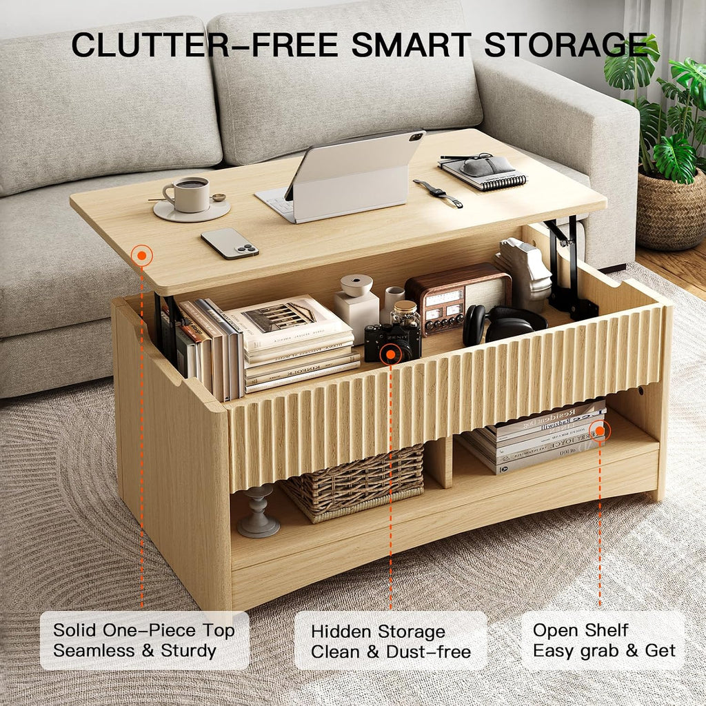 Amada Lift Top Coffee Table with Storage Shelf & Hidden Compartment, Modern Fluted Rectangle Dining Table for Living Room, Home Office,Natural Oak