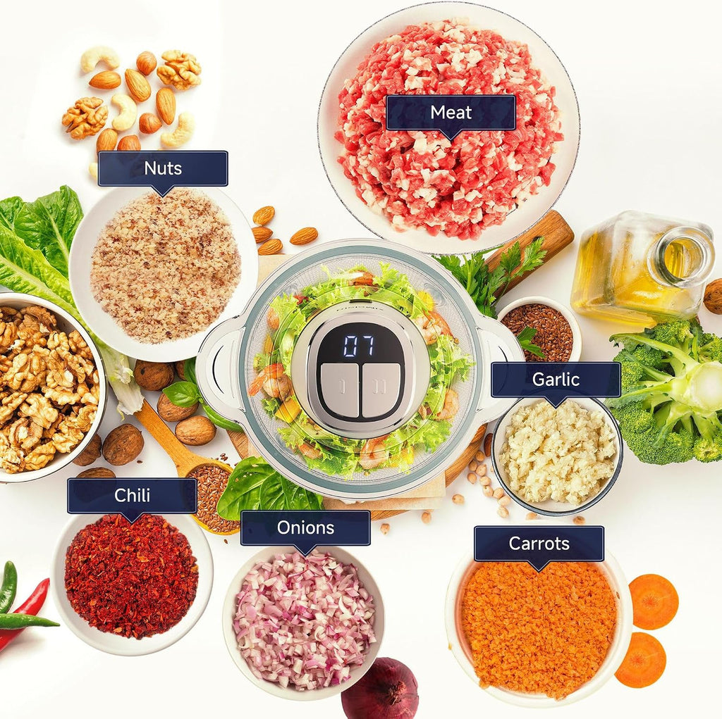 220V EU Plug 3L Dual Bowl Food Prep Processor with 2 Blades, 2-Speed Settings & Digital Display – Quiet Kitchen Appliance