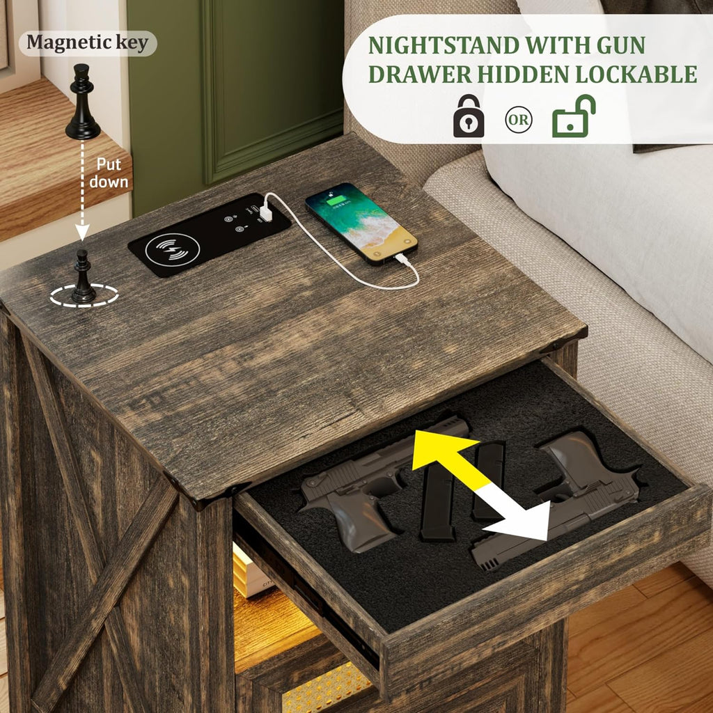 Night Stand Set 2 with Gun Drawer, Bedside Table with Charging Station, LED Nightstand with Human Sensor Light, Farmhouse End Table for Bedroom Living Room, Rustic