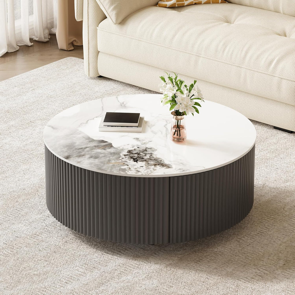 Merax 29.5' Round Fluted Coffee Table for Living Room, Movable Accent Table with Casters and 2 Storage Drawers, Marble Pattern Sintered Stone Top, Black and White