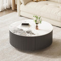 Merax 29.5' Round Fluted Coffee Table for Living Room, Movable Accent Table with Casters and 2 Storage Drawers, Marble Pattern Sintered Stone Top, Black and White