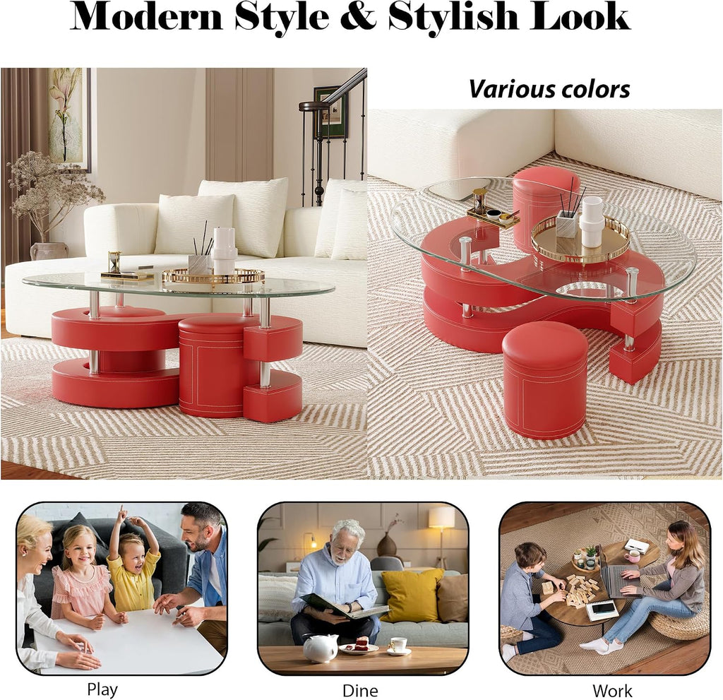 Oval Glass Coffee Table Set of 3, 0.39' Tempered Glass Top and S Shape Base, Modern Coffee Table with 2 Leather Stools, Accent Coffee Table for Living Room Bedroom, Red