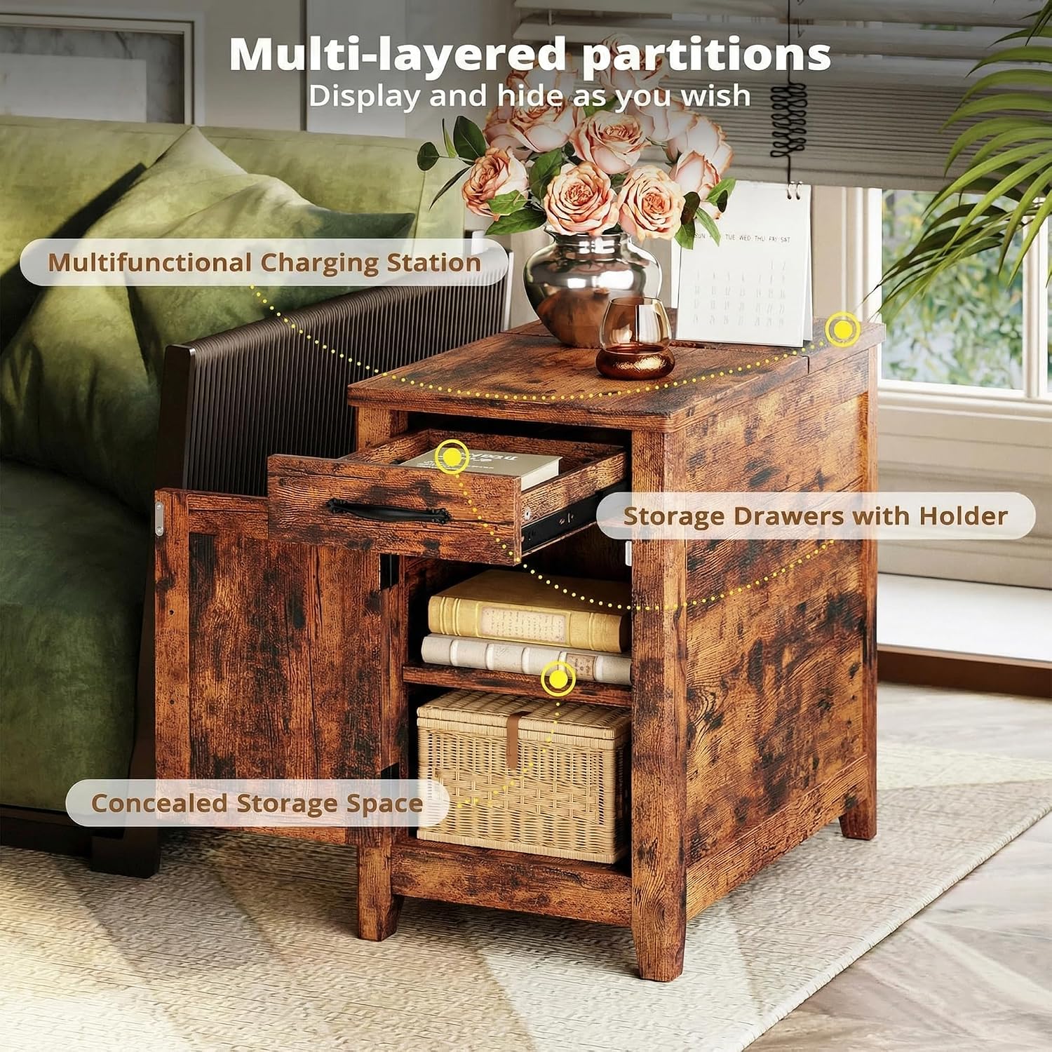 IRONCK End Table with Charging Station, Narrow Side Table for Living Room, Farmhouse Night Stand for Bedroom, Bedside Table with Storage and Drawer for Home, Vintage Brown