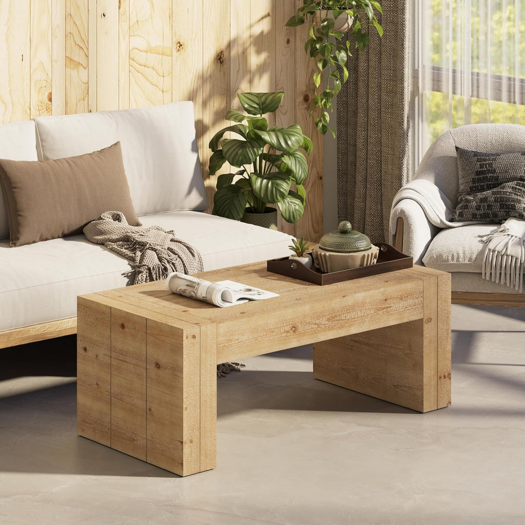 COZAYH Modern Rustic Wood Coffee Table with Thick Legs, Rectangular Living Room Center Table, Natural Finish Design, Sturdy Farmhouse Style for Home Decor, Office, Brown