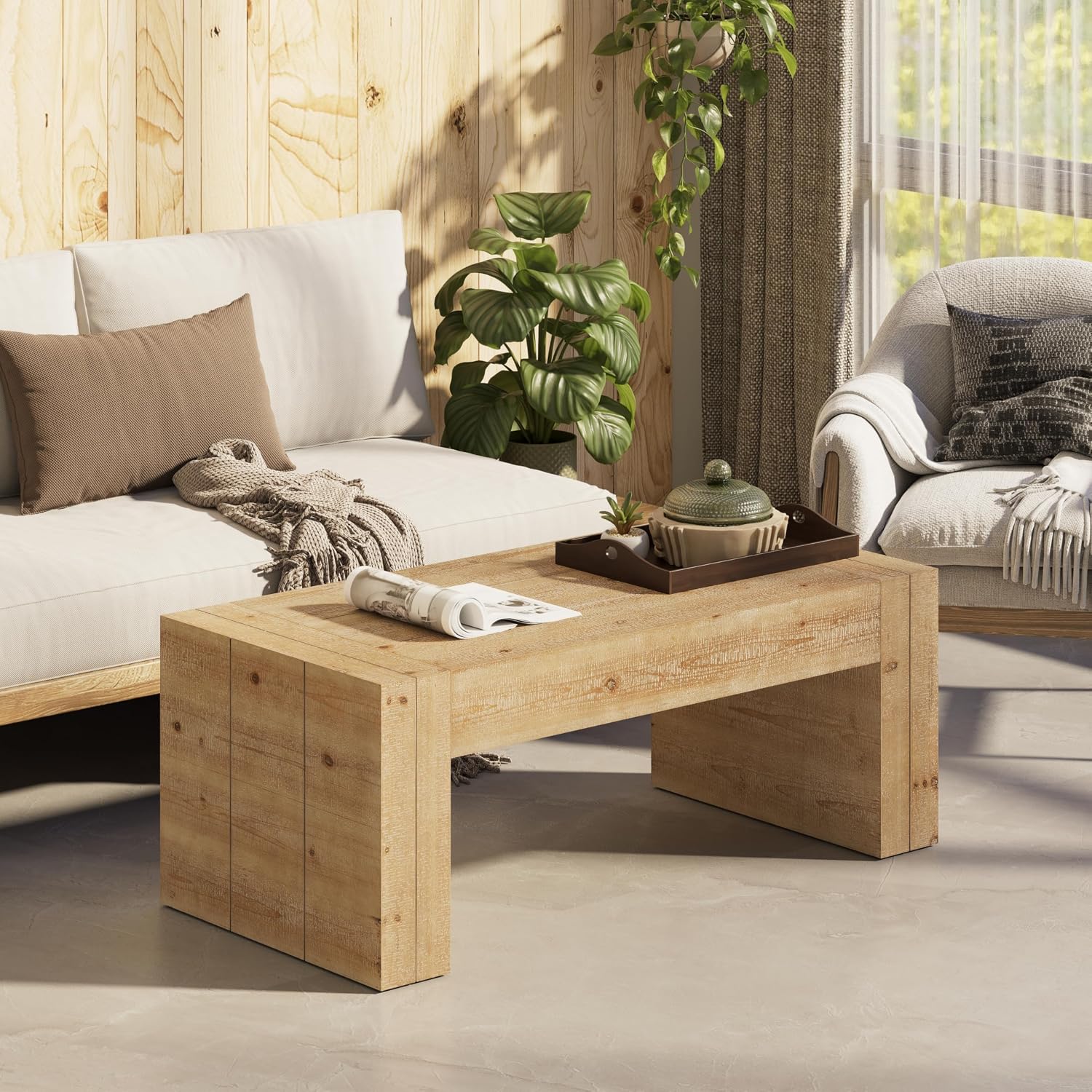 COZAYH Modern Rustic Wood Coffee Table with Thick Legs, Rectangular Living Room Center Table, Natural Finish Design, Sturdy Farmhouse Style for Home Decor, Office, Brown