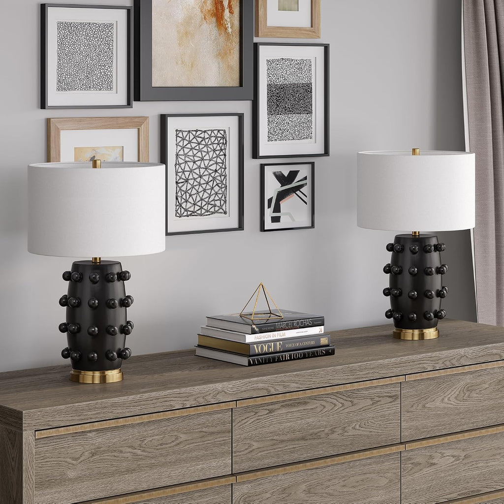 Henn&Hart 25.5'' Modern 1-Light Ceramic Table Lamp with Spherical Orbs on Lamp Body with White Fabric Drum Shade for Living Room, Bedroom, or Office, Matte Black