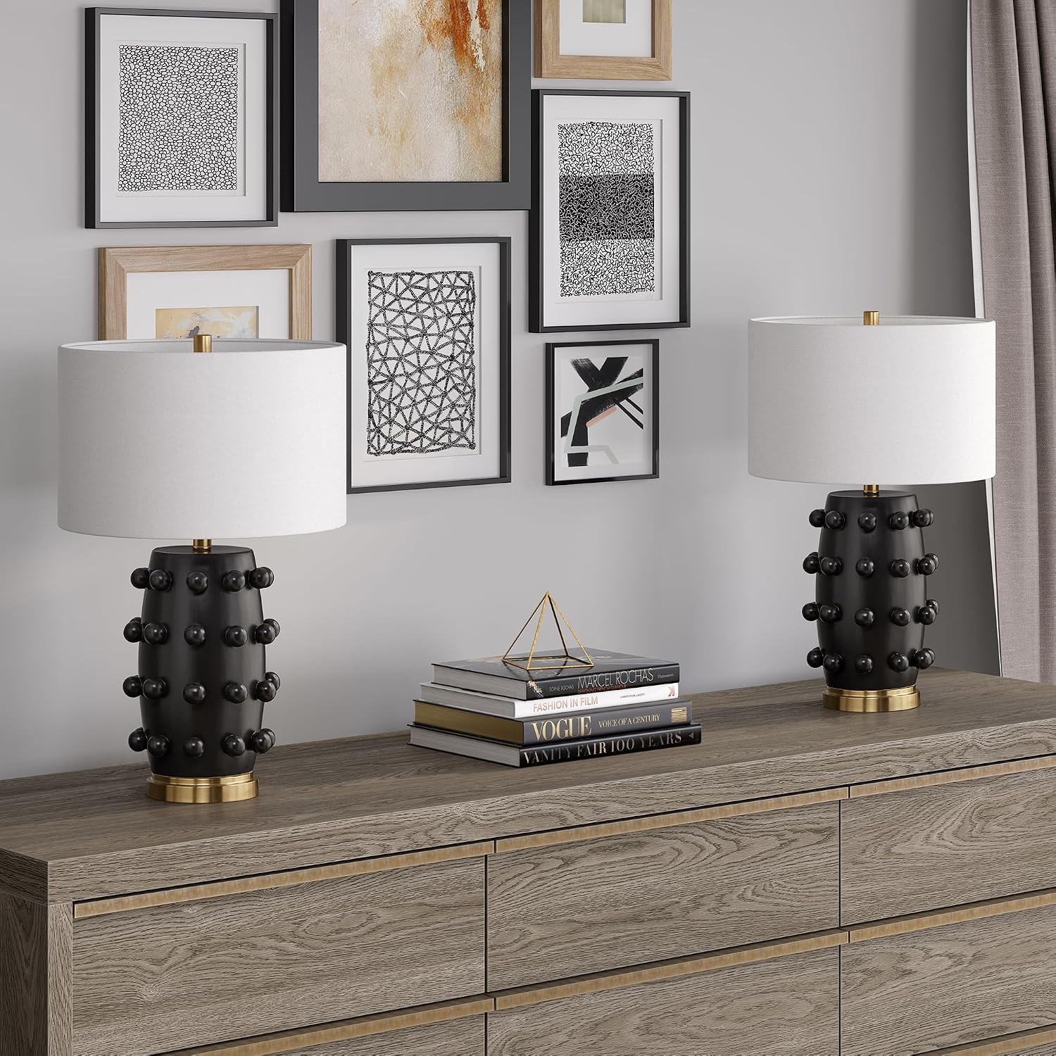 Henn&Hart 25.5'' Modern 1-Light Ceramic Table Lamp with Spherical Orbs on Lamp Body with White Fabric Drum Shade for Living Room, Bedroom, or Office, Matte Black