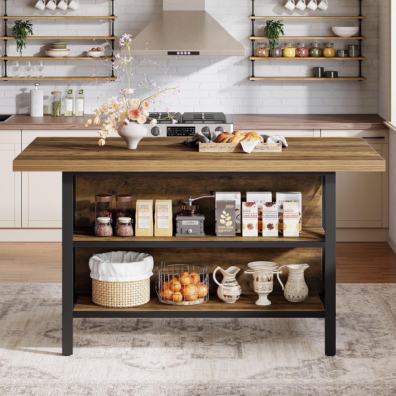 Tribesigns 62.99-Inch Kitchen Island with Storage, Kitchen Island Table with 2 Shelves and Large Worktop, Industrial Bar Table, Easy to Assemble, Rustic Brown (Stools Not Included)