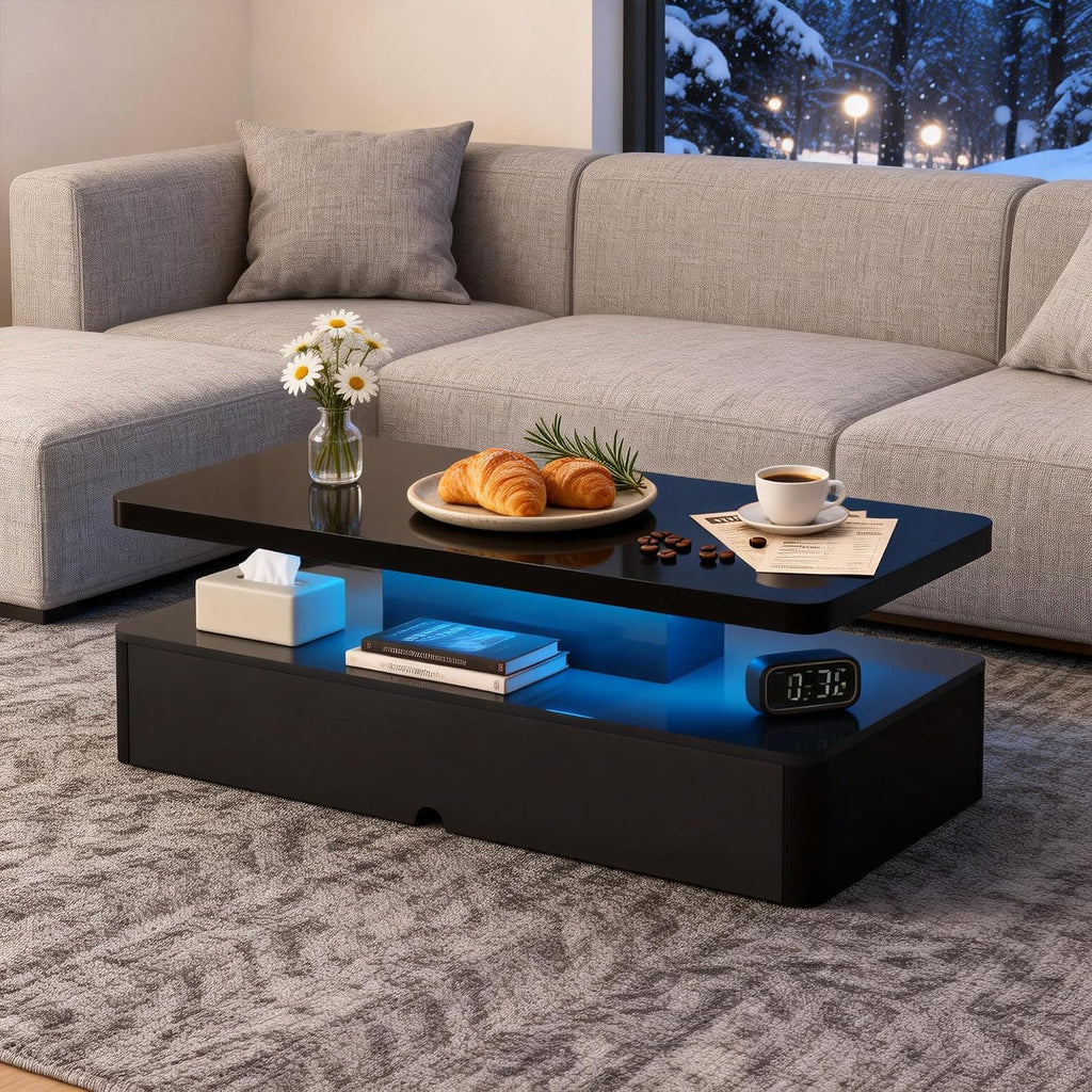40' Modern Coffee Table with 16 Colors LED Lights, 2 Tier Rectangular Center Table with Large Storage Space, Stylish High Glossy Wooden Tea Tables for Living Room, Bedroom, Home Office, Black