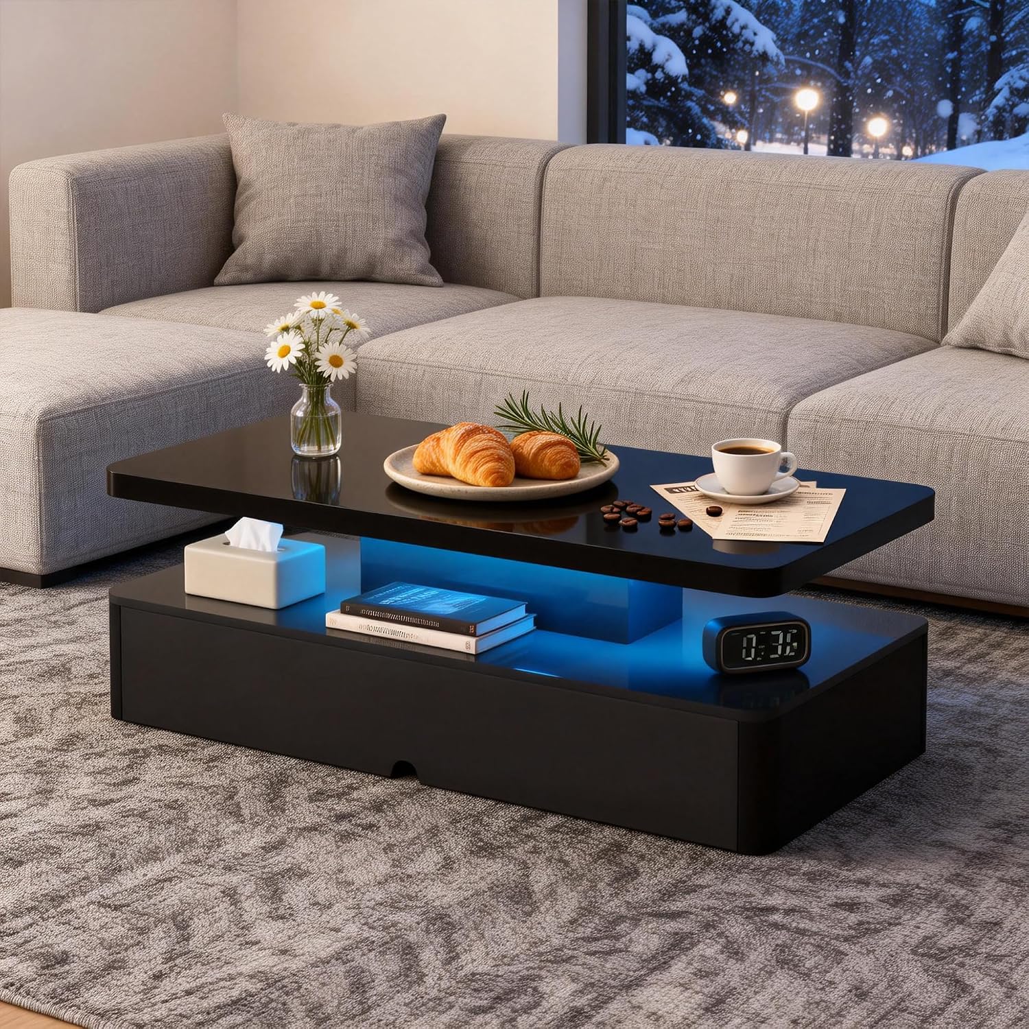 40' Modern Coffee Table with 16 Colors LED Lights, 2 Tier Rectangular Center Table with Large Storage Space, Stylish High Glossy Wooden Tea Tables for Living Room, Bedroom, Home Office, Black