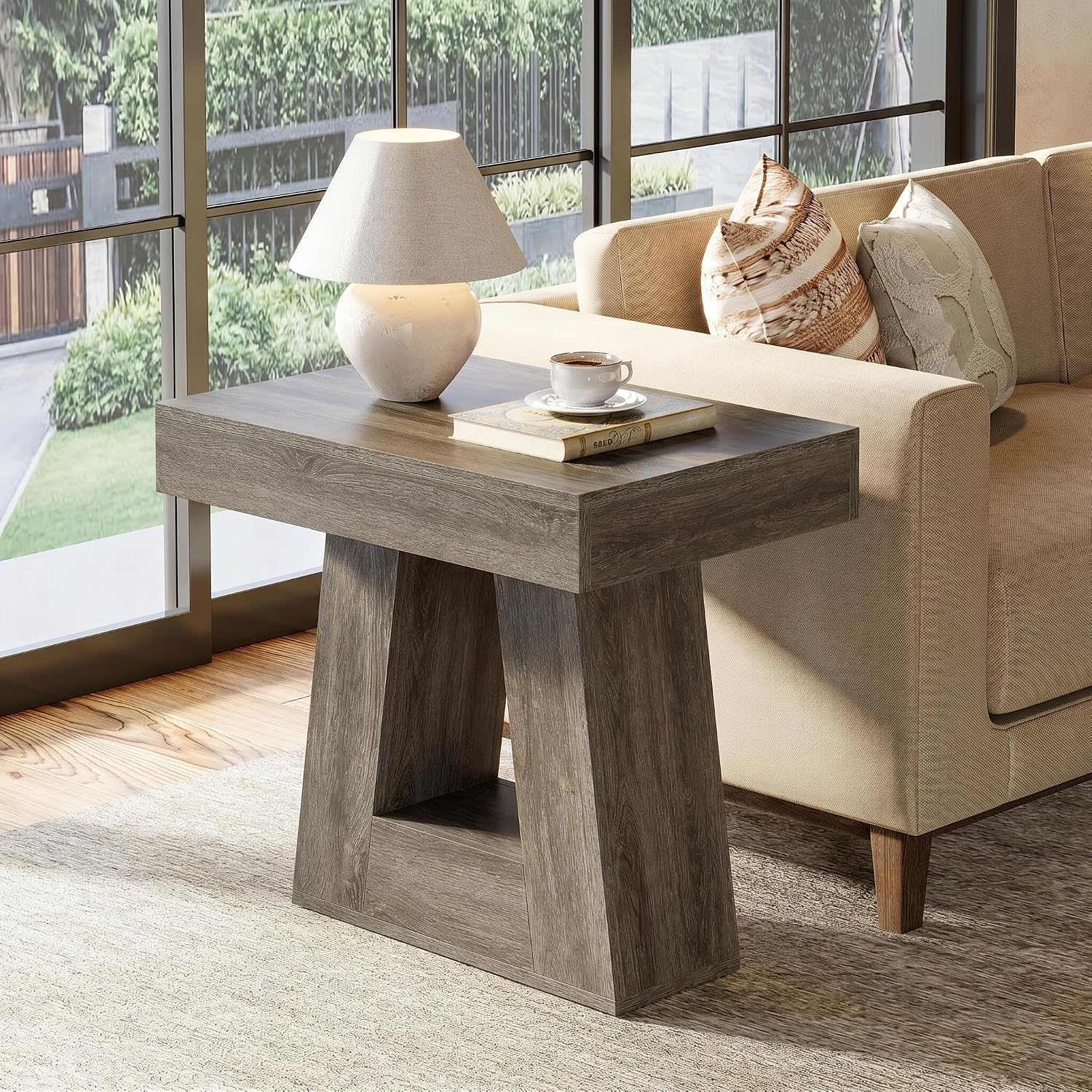 Tribesigns 24' Modern Side Table, 2-Tier Narrow Wooden End Table with Trapezoid Base, Farmhouse Small Nightstand for Living Room, Bedroom (1, Gray)