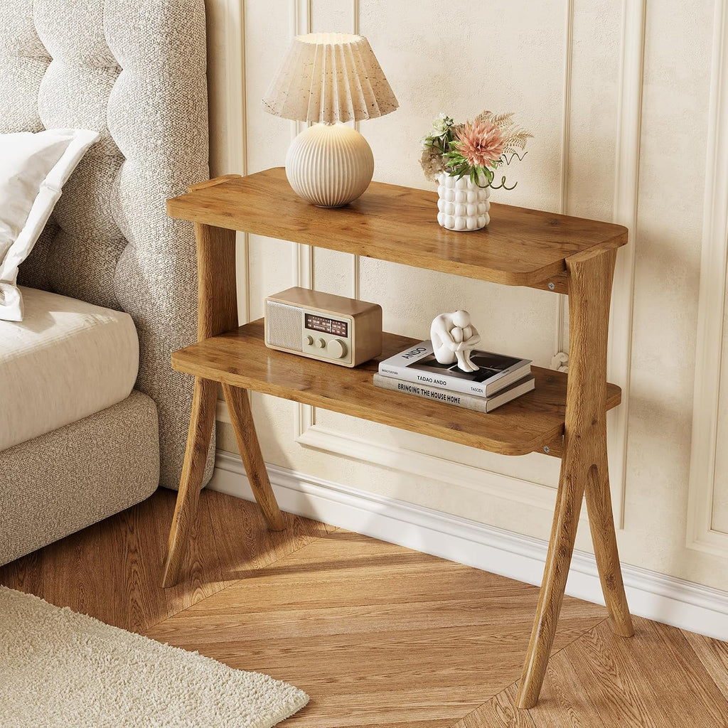 LITTLE TREE Narrow Side Table Set of 2, Small Side Table, 2-Tier Farmhouse End Table with Solid Wood Legs, Space-Saver for Living Room, Bedroom, Entryway (Light Walnut)