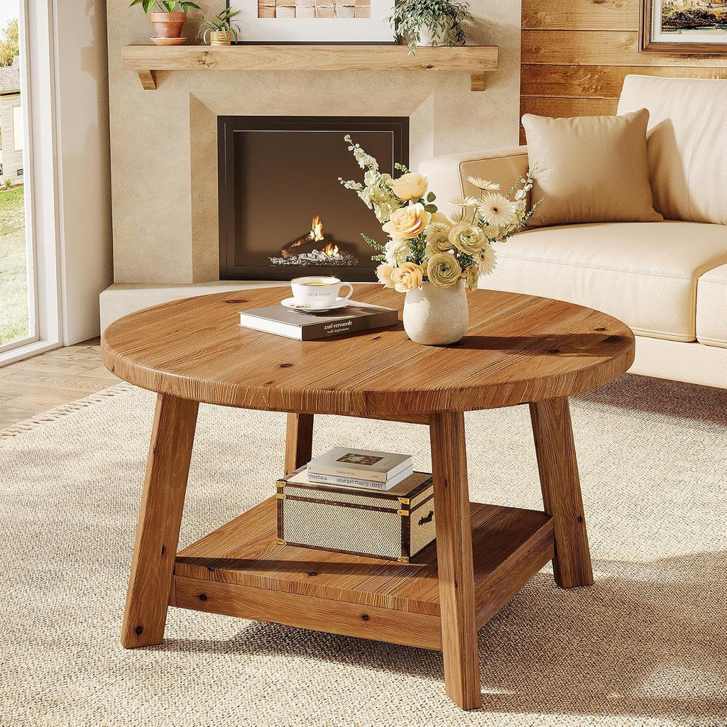 Solid Wood Round Coffee Table for Living Room, 31.5' Farmhouse Wooden 2-Tier Circle Center Cocktail Accent Table with Storage Shelf and Tapered Legs for Apartment, Small Space, Brown