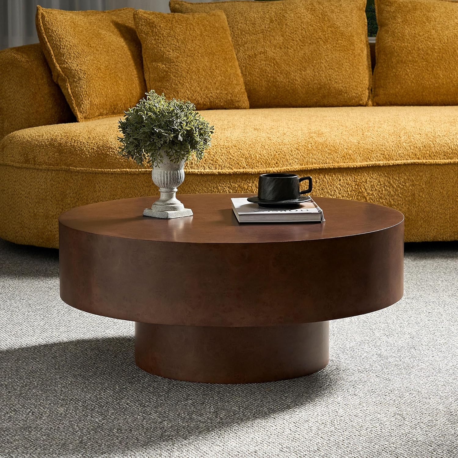 Burl Wood Coffee Table for Living Room Round Wood Coffee Table with Pedestal 31.49' Modern Circle Center Tables Accent Tables for Apartment, Easy Assembly-Walnut