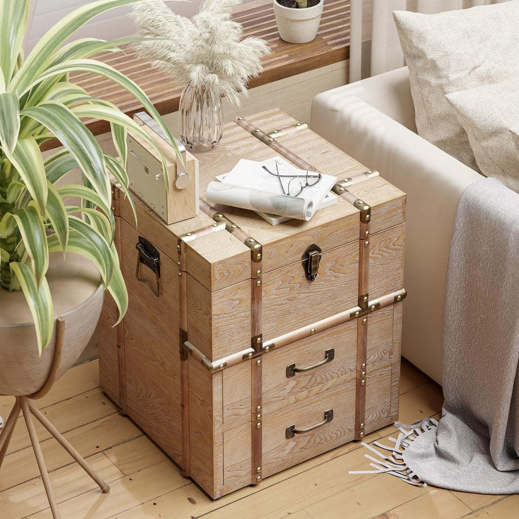 Aoikax Vintage Storage Chest with Buckle Hinged Top, Wood Accent End Side Table for Living Room, Office, Bedroom, Rectangle, Retro Brown