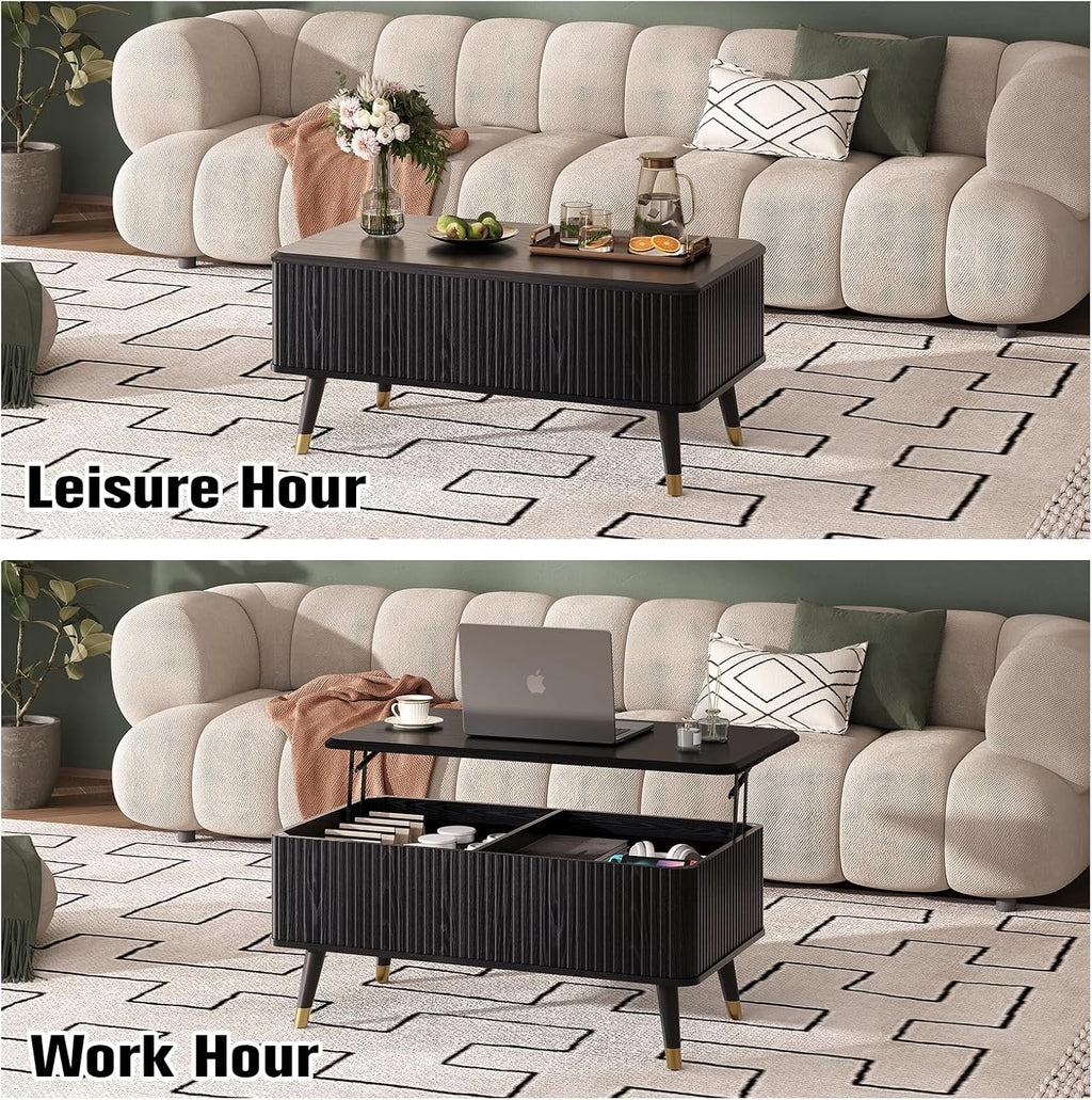 Lift Top Coffee Table with Storage, Modern Coffee Table with Solid Wood Legs, 38' Minimalist Fluted Center Table for Living Room, Home Office, Black