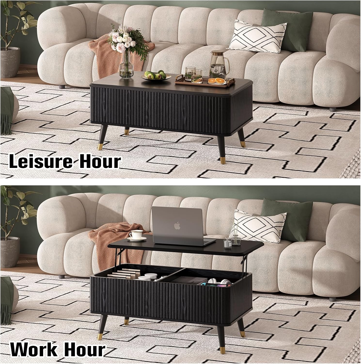 Lift Top Coffee Table with Storage, Modern Coffee Table with Solid Wood Legs, 38' Minimalist Fluted Center Table for Living Room, Home Office, Black