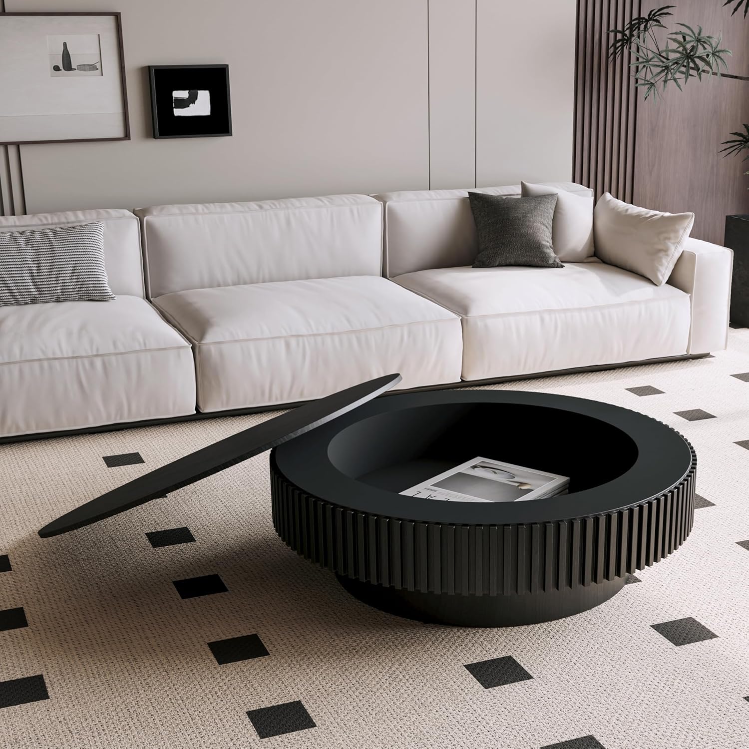 39'' Round Coffee Table with Storage, Modern Wooden Coffee Table with Solid Wood Veneered, Circle Center Table Accent Tea Table for Living Room Apartment Black