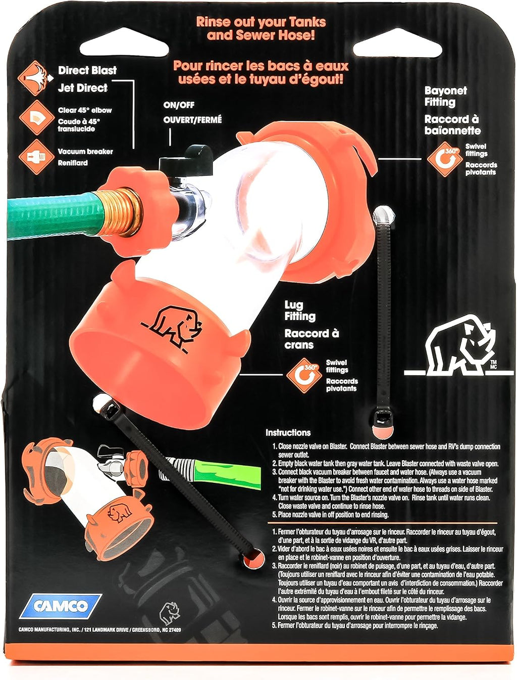 Camco Rhino Blaster RV Tank Rinser with Backflow Preventer - RV Accessories for Toilet and Waste Tank Cleaning - Essential Camper Supplies for Odor Control and Sensor Maintenance - (39080),(Pack of 4)