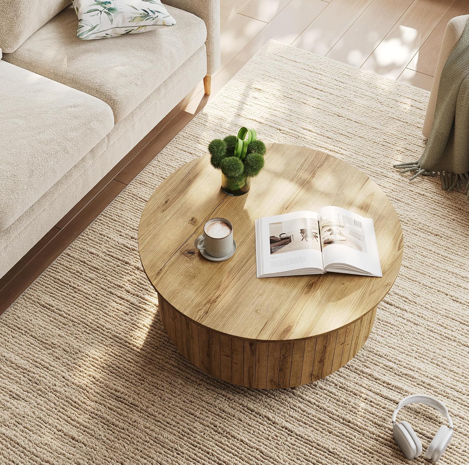 kepptory Round Lift Top Coffee Table with LED Lights, Mid Century Modern Wooden Coffee Tables with 3 Storage Space, Circle Center Table for Living Rooms,Dining Room,Bedroom Home Office,APP LED Lights