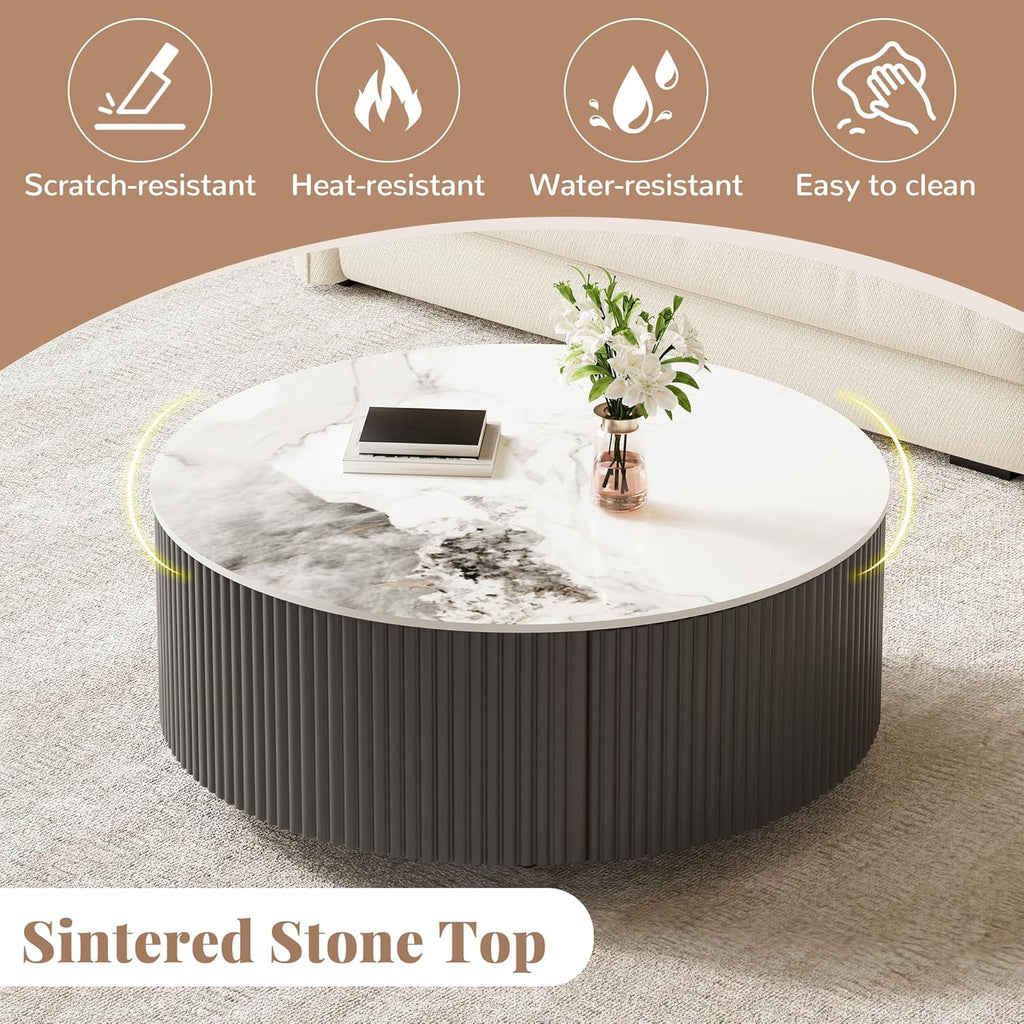 Merax 29.5' Round Fluted Coffee Table for Living Room, Movable Accent Table with Casters and 2 Storage Drawers, Marble Pattern Sintered Stone Top, Black and White
