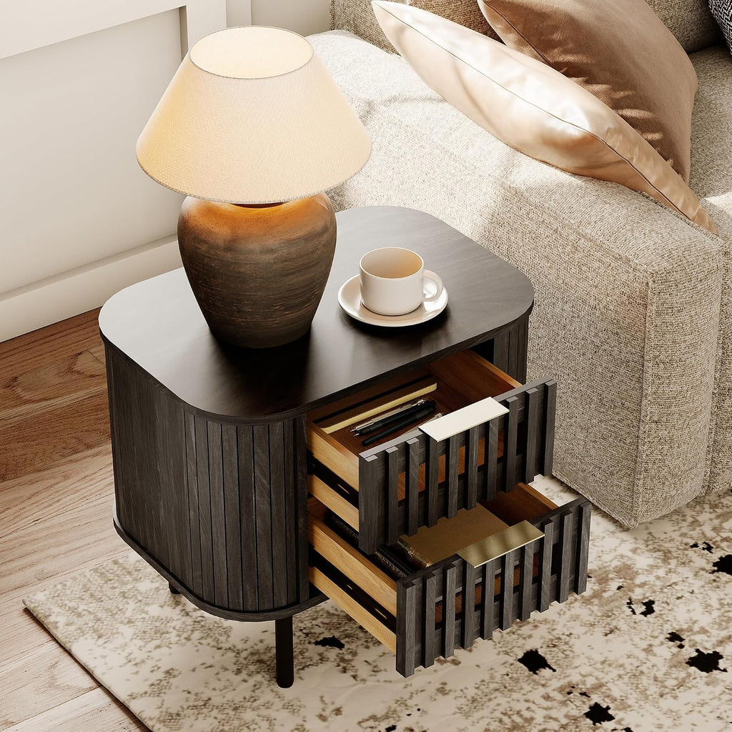 WAMPAT Fluted Nightstand, Modern Wooden End Table with 2 Drawer, Storage Bedside Table for Bedroom and Living Room, Black, 1 Pack