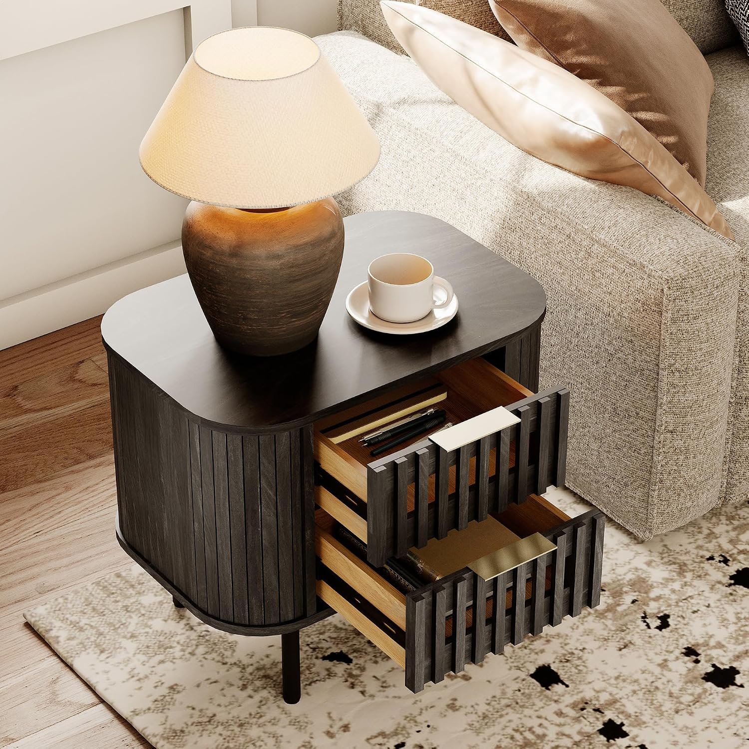 WAMPAT Fluted Nightstand, Modern Wooden End Table with 2 Drawer, Storage Bedside Table for Bedroom and Living Room, Black, 1 Pack