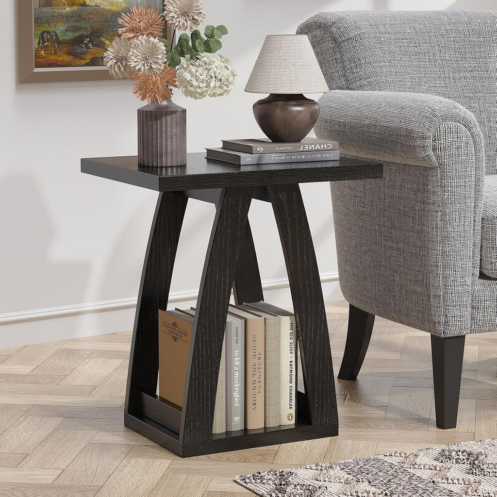 FROMJBEST End Tables Living Room, Side Table Beside Sofa, Nightstand for Bedroom, Couch Side Table with Shelf, Modern End Table for Living Room, Black End Table Set of 2