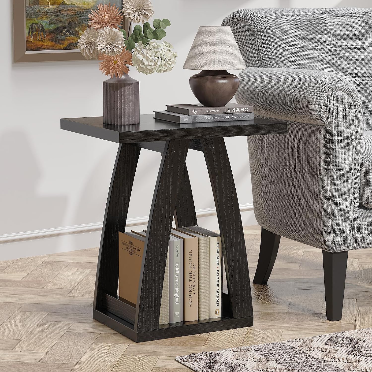 FROMJBEST End Tables Living Room, Side Table Beside Sofa, Nightstand for Bedroom, Couch Side Table with Shelf, Modern End Table for Living Room, Black End Table Set of 2