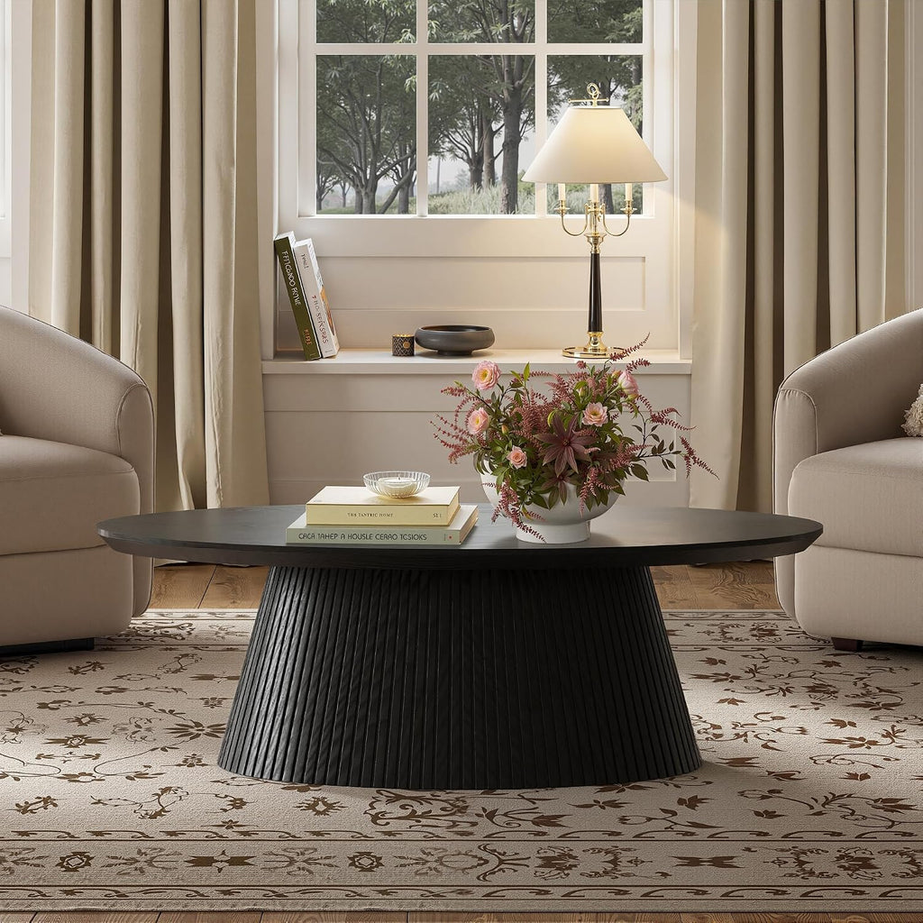win2win Oval Coffee Table, Modern Coffee Table with Fluted Design, Minimalist Tea Table with Wood Grain Veneer, Small Funky Center Table for Living Room, Apartment, Office, Black