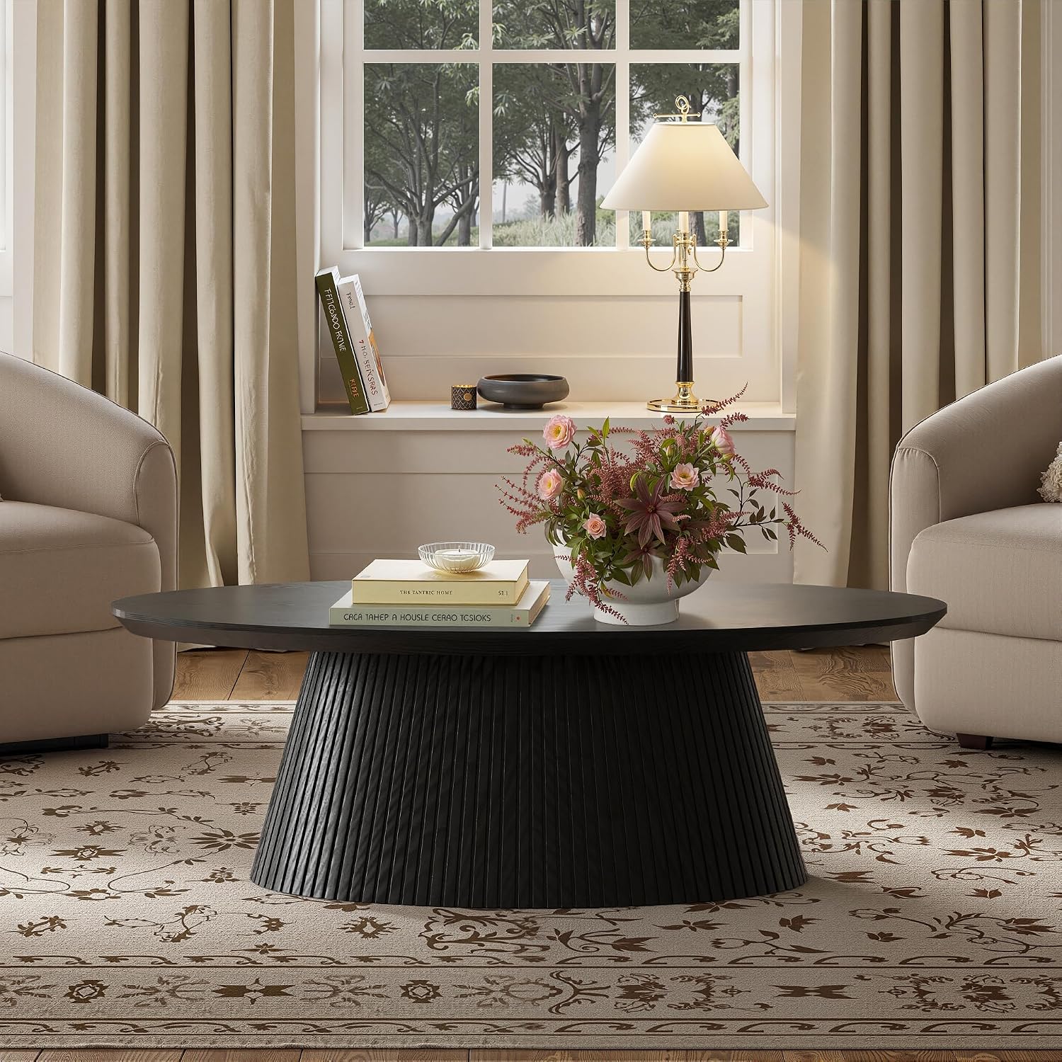 win2win Oval Coffee Table, Modern Coffee Table with Fluted Design, Minimalist Tea Table with Wood Grain Veneer, Small Funky Center Table for Living Room, Apartment, Office, Black