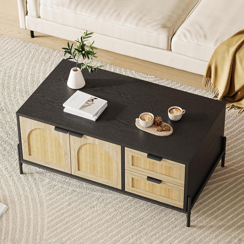 GarveeHome 40.9' Rattan Coffee Table with LED Lights for Living Room, Modern Coffee Tables with 2 Storage Drawers and 2 Arched Door, Farmhouse Coffee Table with Study Metal Legs, Black+Oak