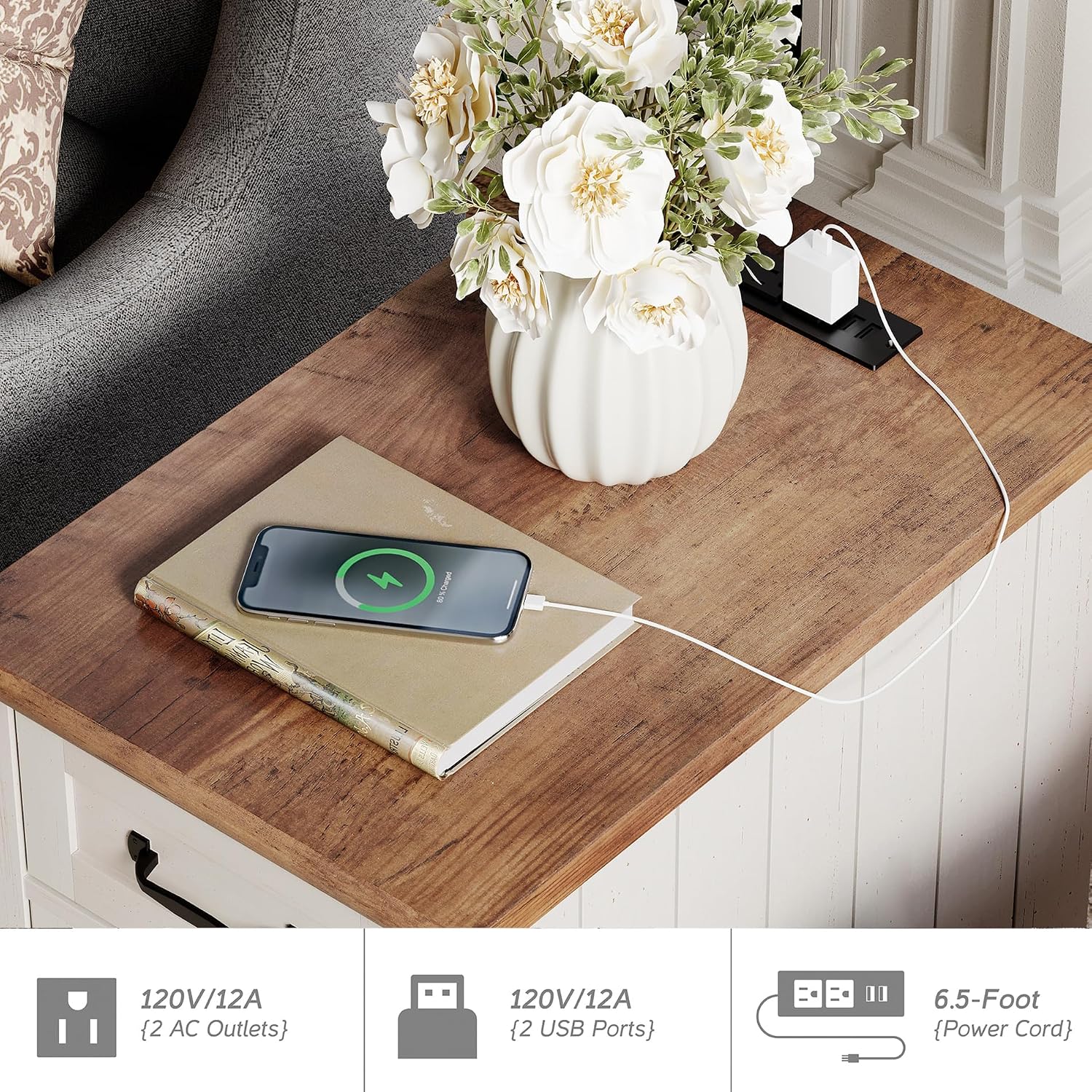 WAMPAT 2 Pack End Tables with Charging Station, Farmhouse Side Table with Drawer & Storage Cabinet, White Nightstand with Power Outlets & USB Ports for Living Room, Bedroom