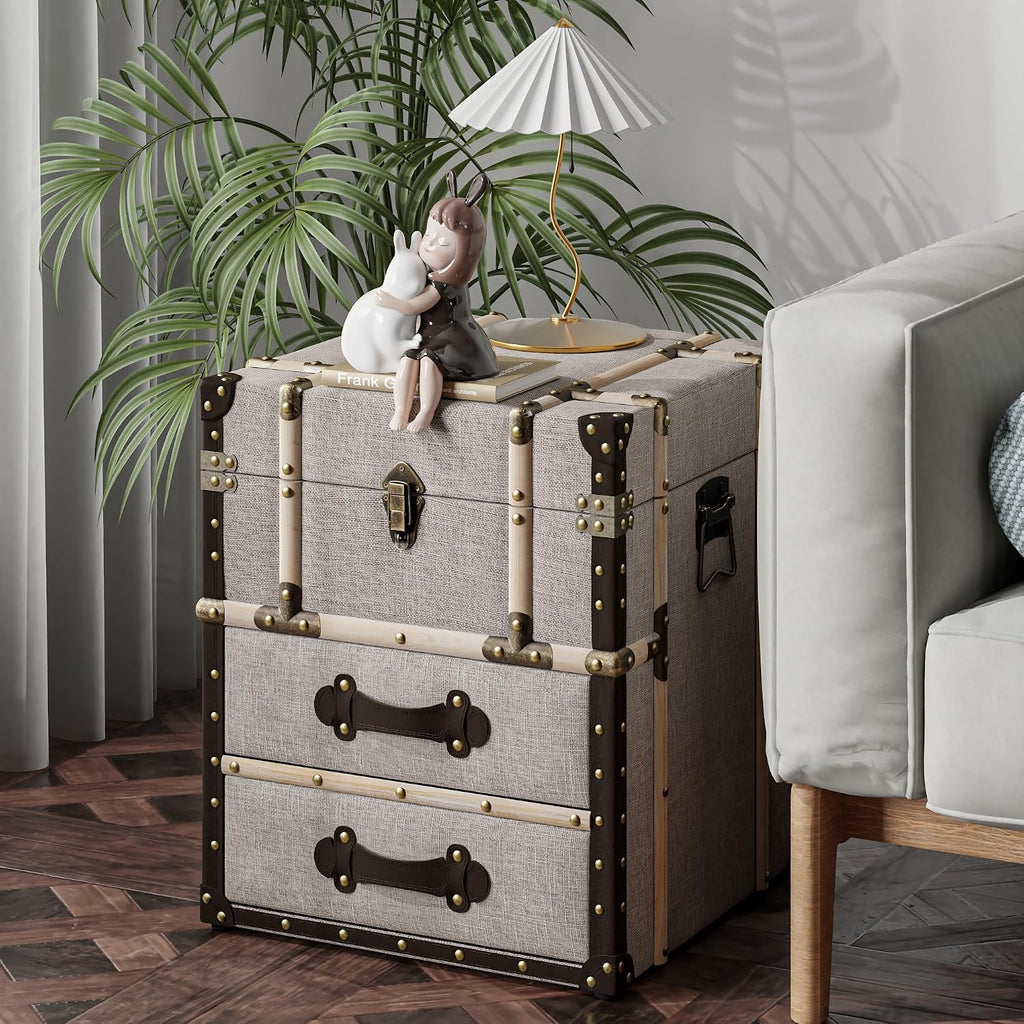 Aoikax Vintage Storage Chest with Buckle Hinged Top, Linen Accent End Side Table for Living Room, Office, Bedroom, Rectangle, Beige