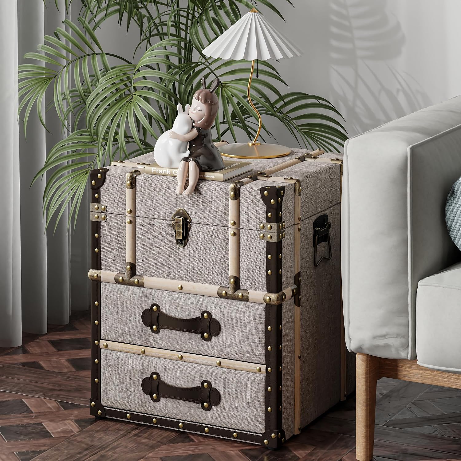 Aoikax Vintage Storage Chest with Buckle Hinged Top, Linen Accent End Side Table for Living Room, Office, Bedroom, Rectangle, Beige