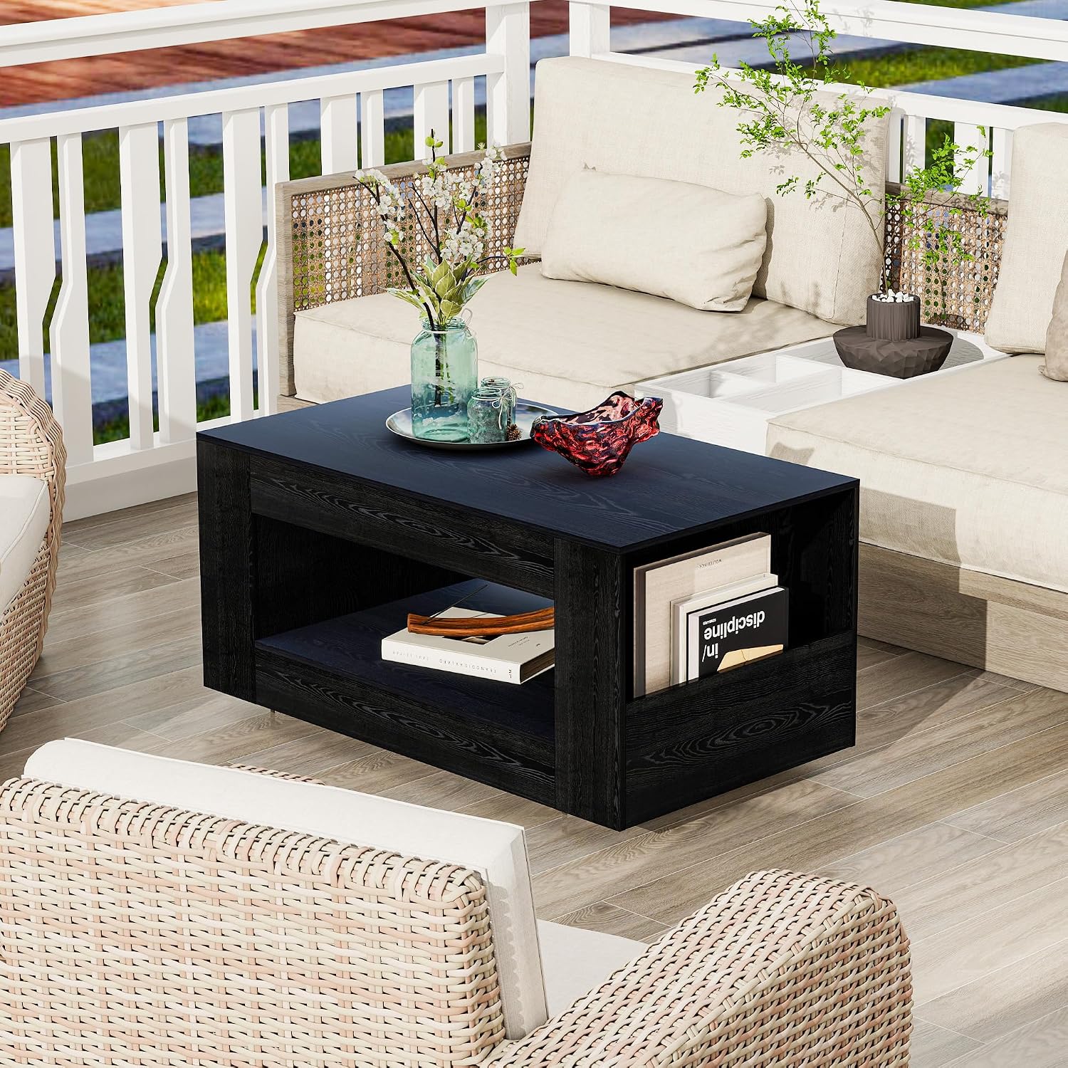 Wood Grain Coffee Table with Open Shelf Storage - High Gloss Modern Cocktail Table for Living Room, Bedroom, Office