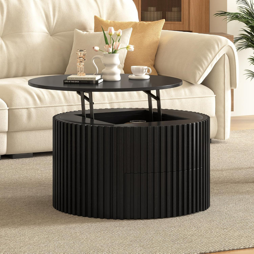 Round Lift Top Coffee Table, 29.8' Modern Fluted Wood Circle Table with Hidden Storage Drawer, Black Solid Wood & MDF Cylinder Side Table for Living Room Bedroom Small Space