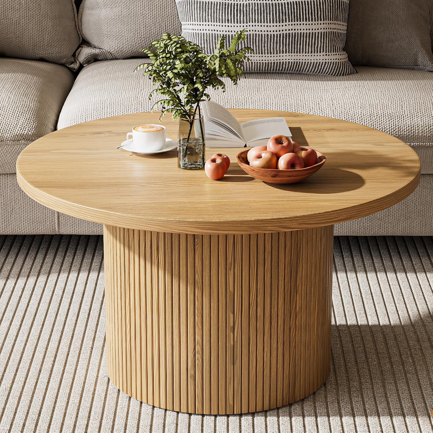 MAISONARIA Round Coffee Table with Metal Frame, 35.4' Coffee Tables for Living Room, Circle Wood Accent Center Table for Apartment, Oak