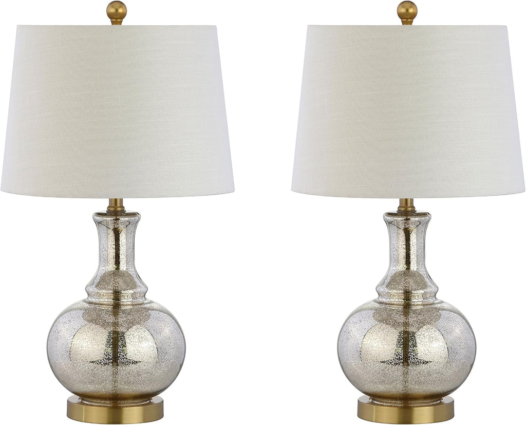 JONATHAN Y 25' Mercury Silver and Brass Gold Glass Table Lamp Set of 2 for Bedroom, Modern Bedside Lamp for Living Room Nightstand, White Linen Drum Shade, LED Bulb Included JYL1068A-SET2