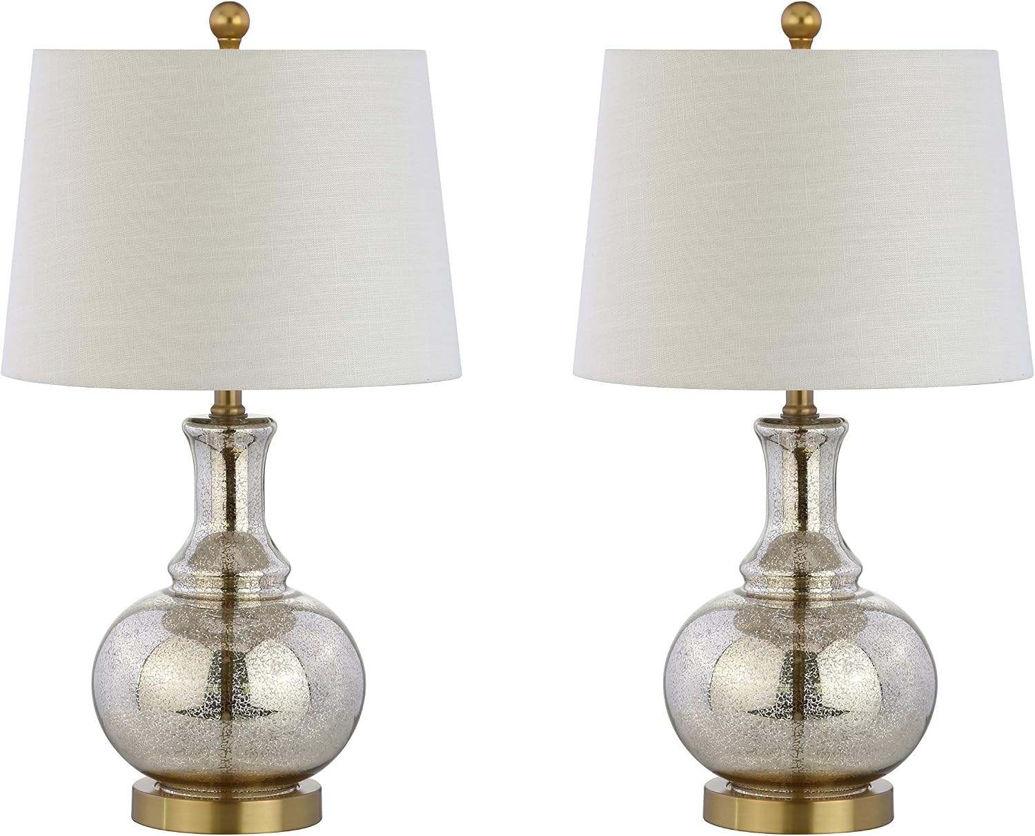 JONATHAN Y 25' Mercury Silver and Brass Gold Glass Table Lamp Set of 2 for Bedroom, Modern Bedside Lamp for Living Room Nightstand, White Linen Drum Shade, LED Bulb Included JYL1068A-SET2