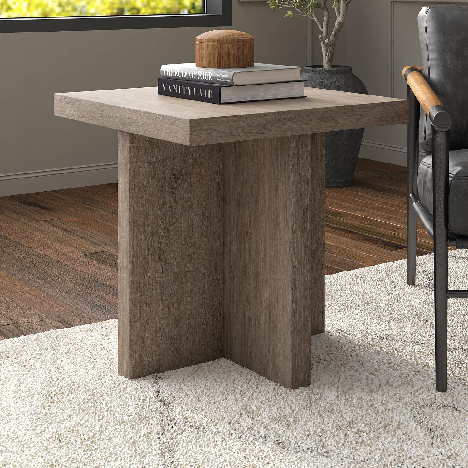 Henn&Hart 22' Scandinavian Square Wooden End Table, Side Table, Nightstand with X-Base for Living Room, Office, Family Room, or Bedroom, Weathered Gray